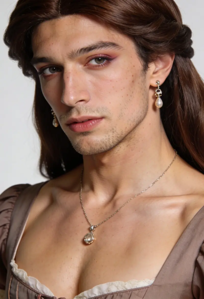 crossdressing boy long brown wig earrings necklace