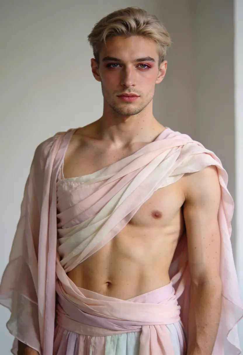 crossdressing boy loose layers soft pastel colors draped fabric