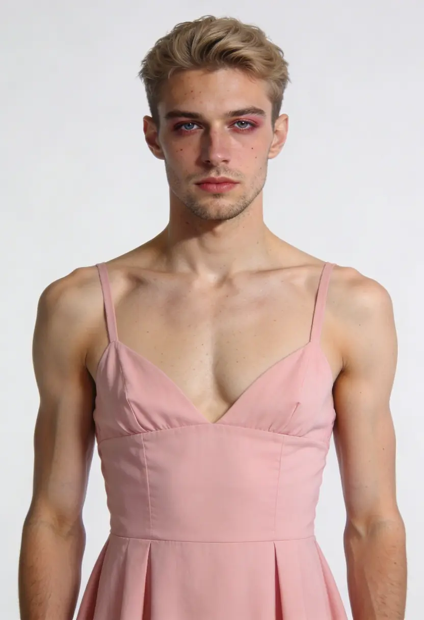 crossdressing boy makeup studio background editorial lighting