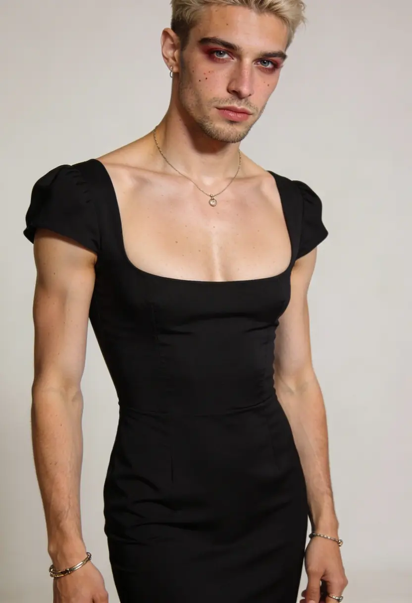 crossdressing boy natural makeup simple jewellery neutral backdrop