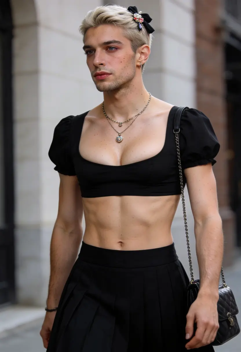 crossdressing boy necklace bag black skirt and top