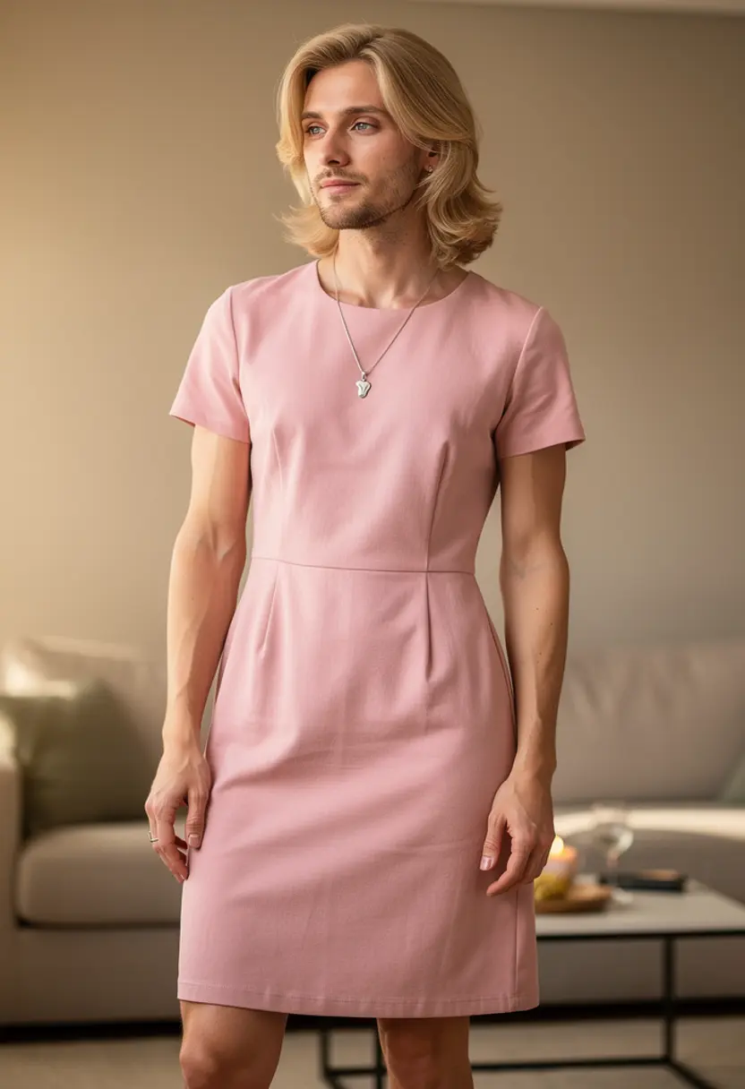 crossdressing boy necklace blonde wig living room