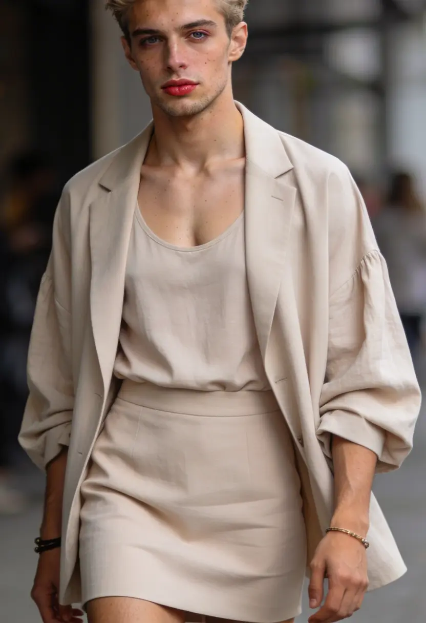 crossdressing boy neutral tones oversized blazer layered