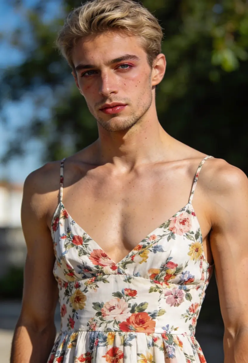 crossdressing boy outdoor setting daytime bright colors