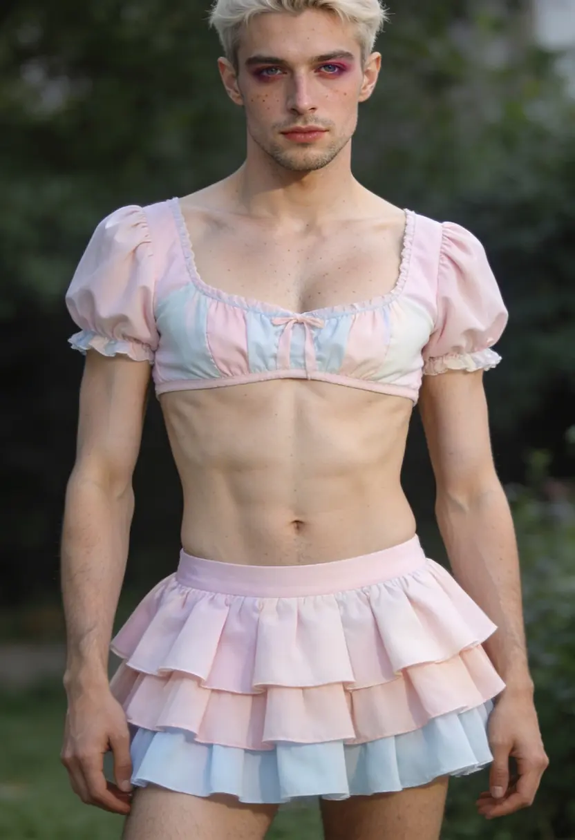 crossdressing boy pastel top layered skirt soft and muted colors