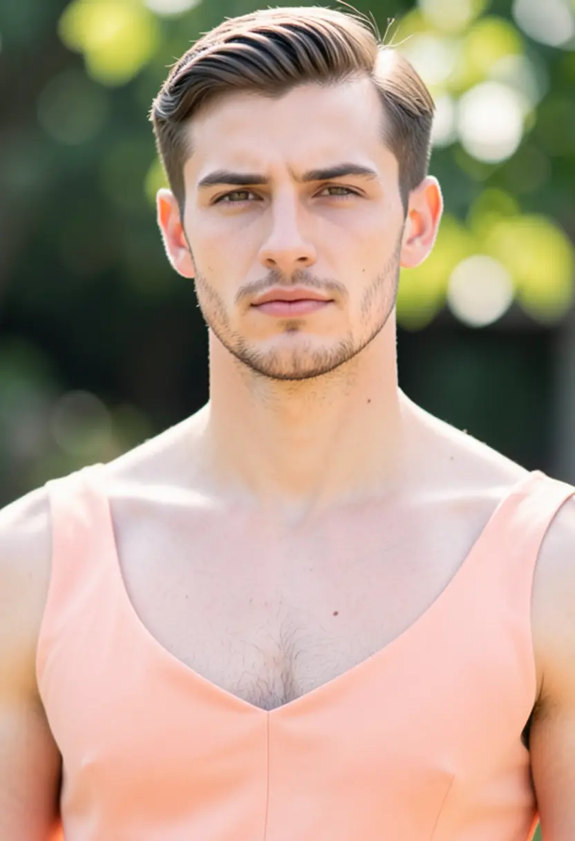 crossdressing boy peach makeup coral accents