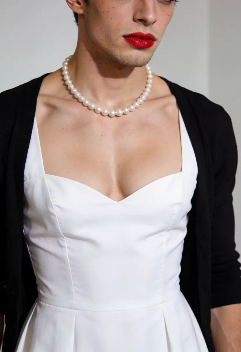 crossdressing boy pearl necklace black cardigan red lipstick