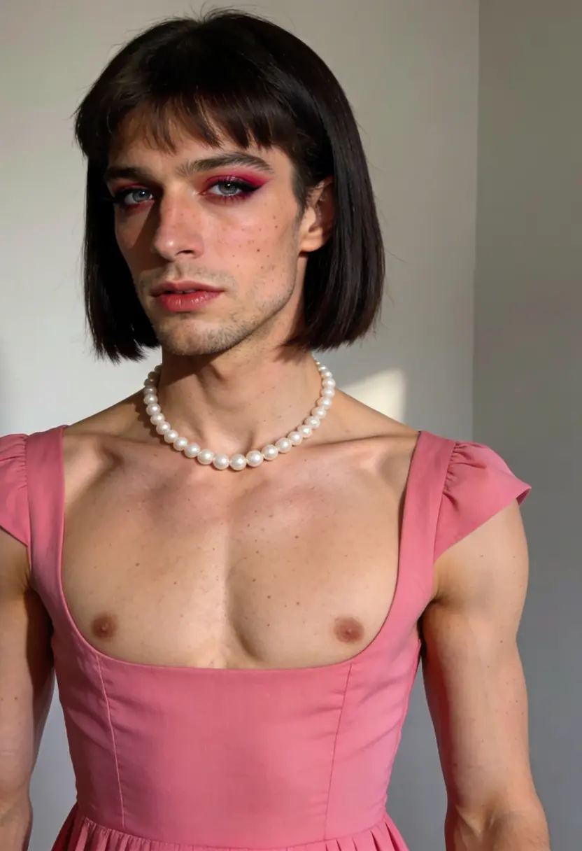 crossdressing boy pearl necklace bright makeup