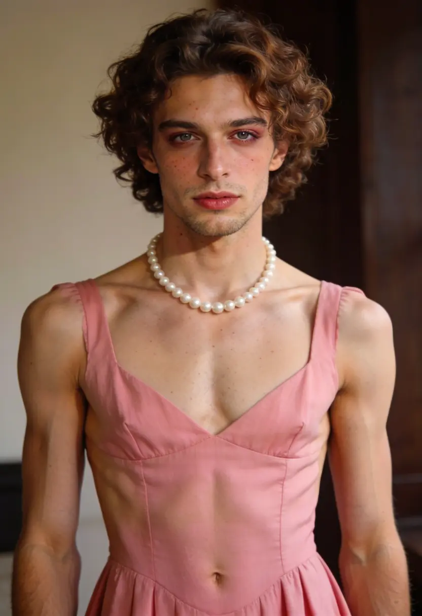 crossdressing boy pearl necklace brown curls warm background
