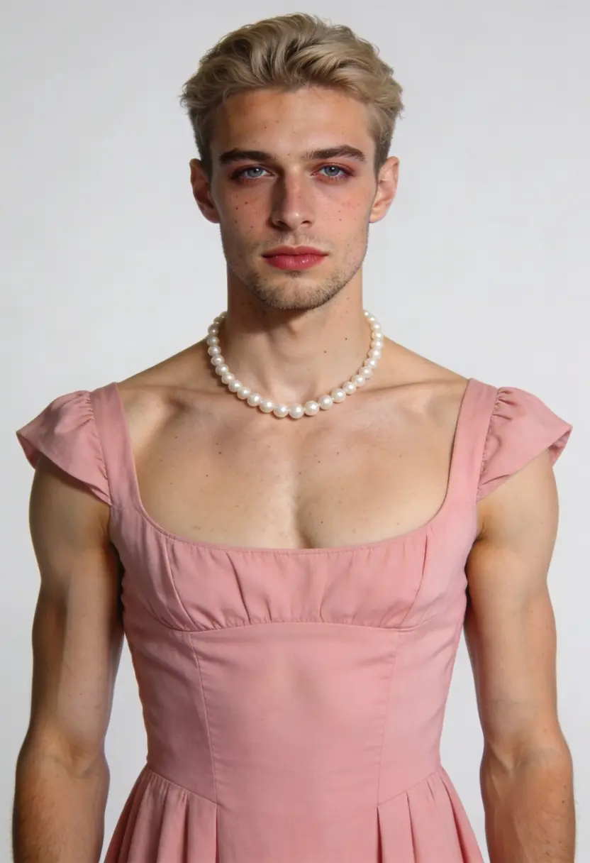 crossdressing boy pearl necklace soft studio lighting