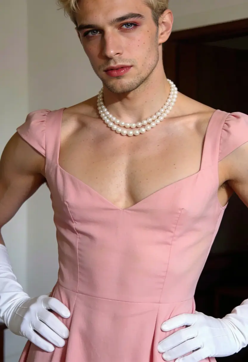 crossdressing boy pearl necklace white gloves room interior