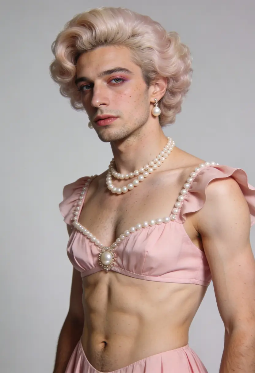 crossdressing boy pearls studio background