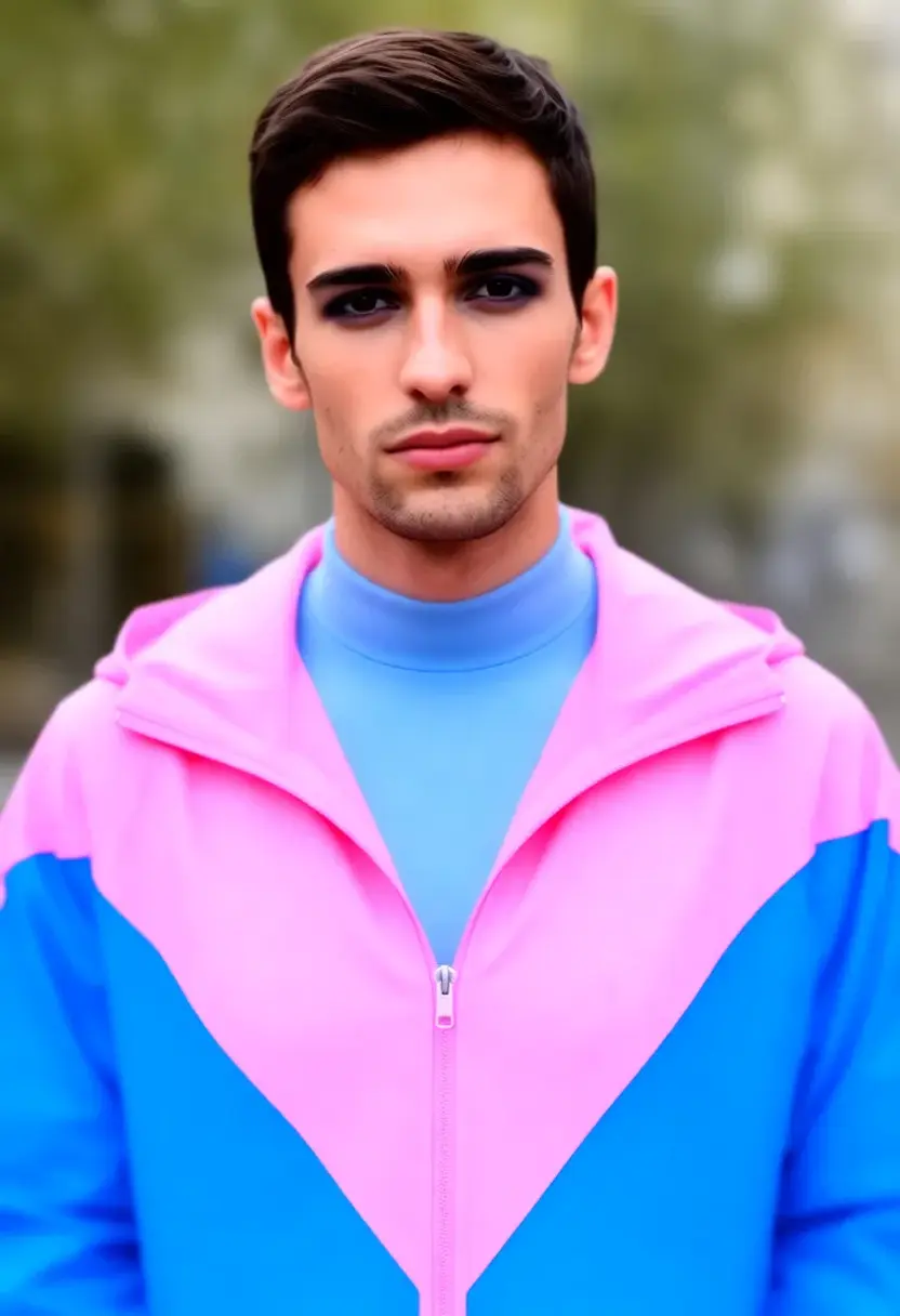 crossdressing boy pink and blue jacket playful silhouette soft tones