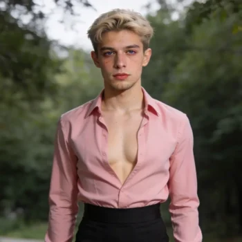 crossdressing-boy-pink-blouse-tucked-in-black-skirt-defined-waist