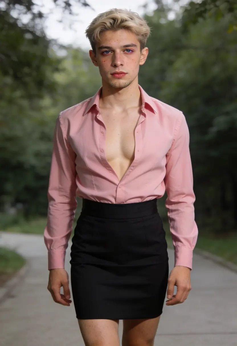 crossdressing boy pink blouse tucked in black skirt defined waist