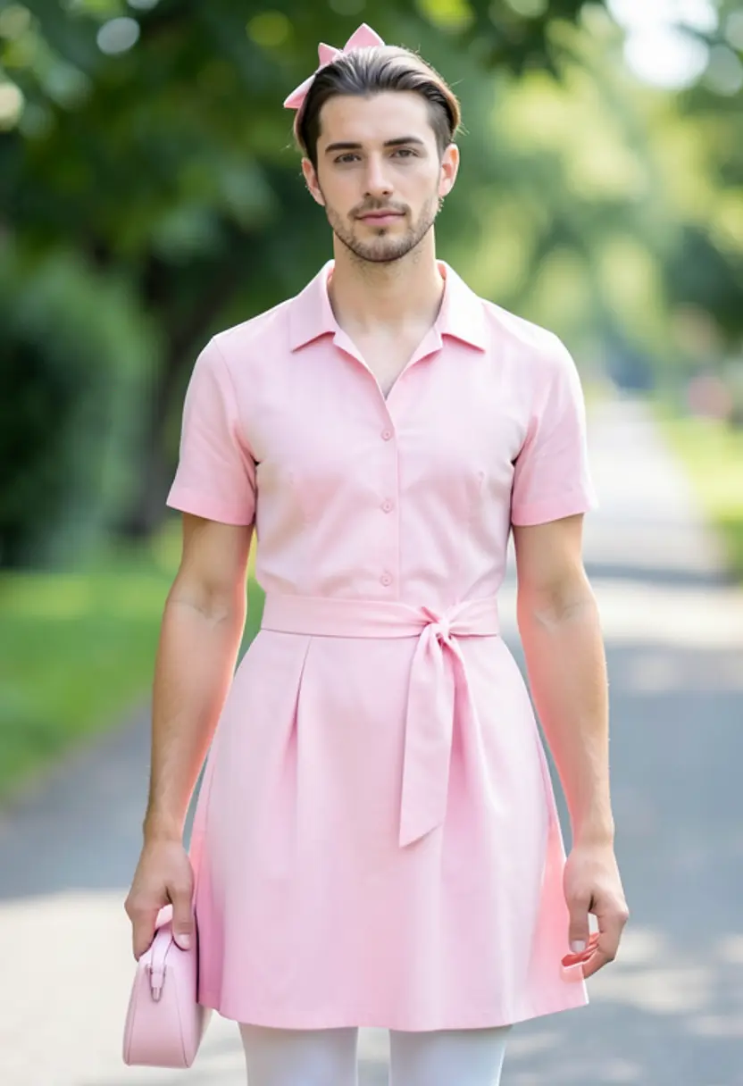 crossdressing boy pink purse white tights