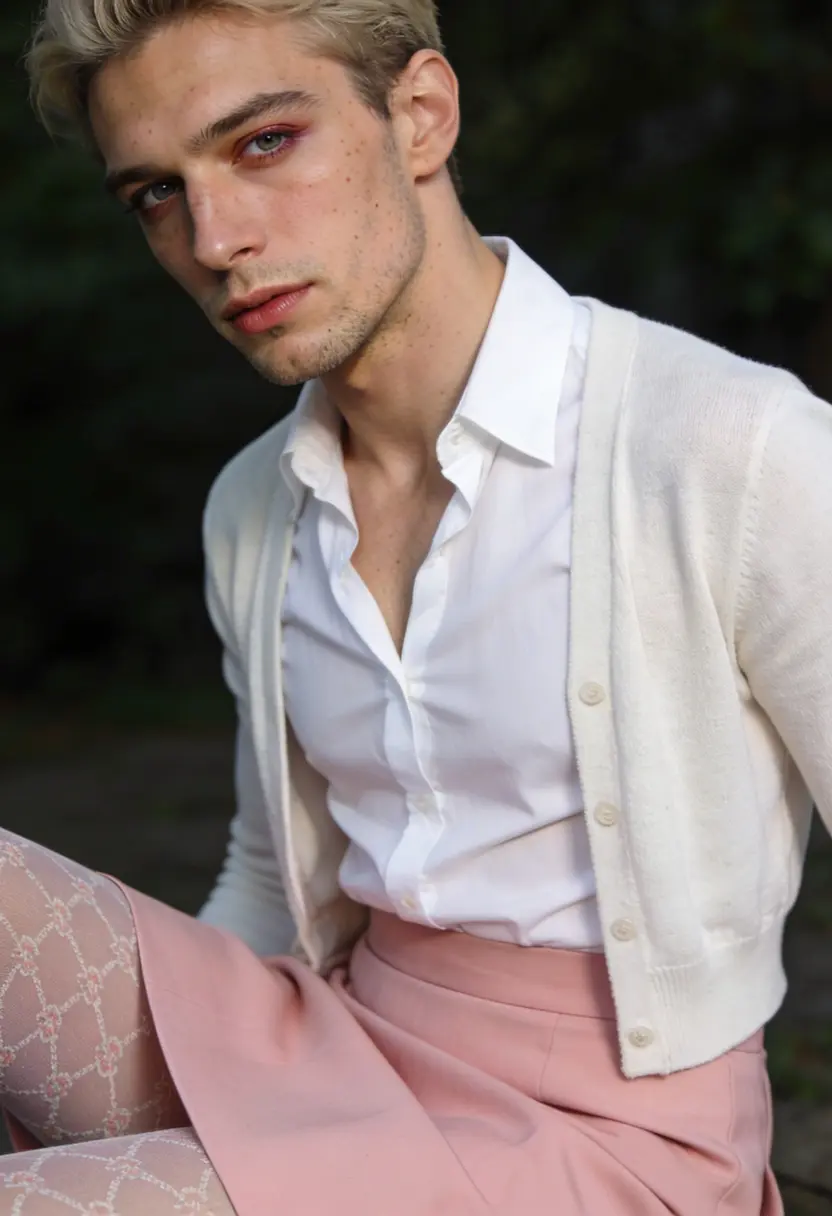 crossdressing boy pink skirt patterned tights white blouse