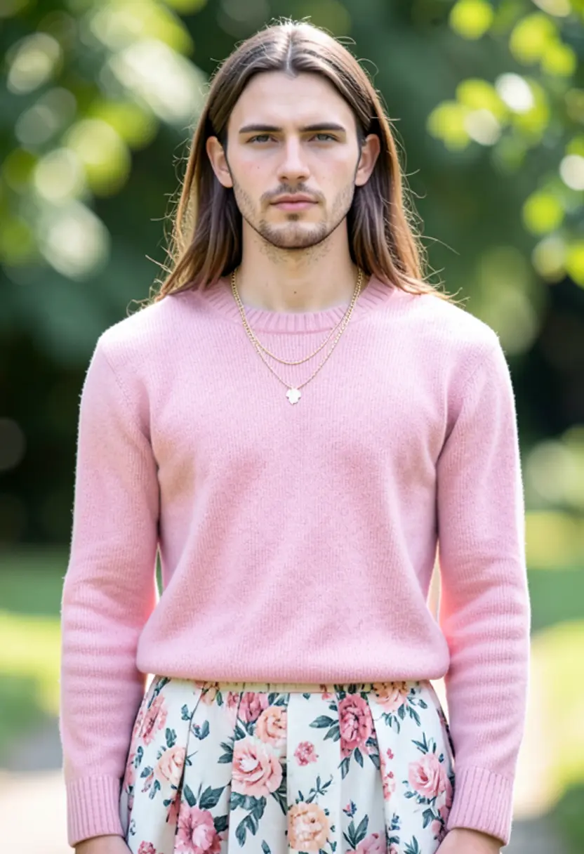 crossdressing boy pink sweater floral skirt necklace