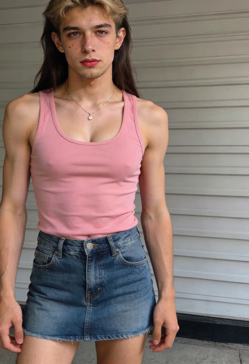 crossdressing boy pink tank top short jean skirt necklace