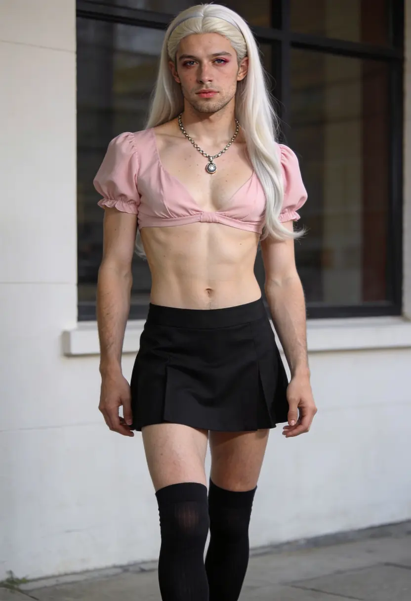 crossdressing boy pink top black skirt necklace