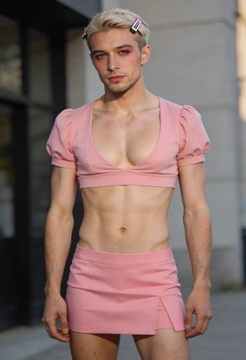 crossdressing boy pink top mini skirt casual setting