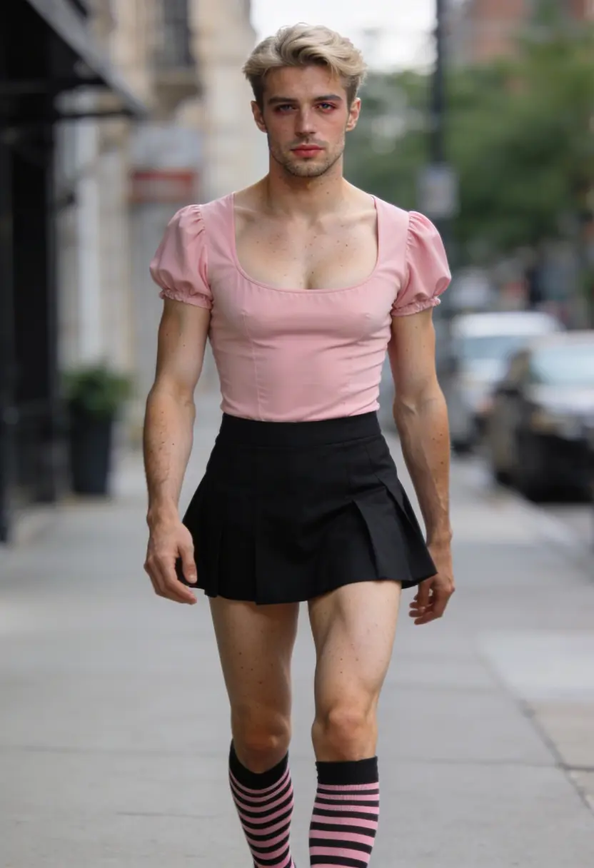crossdressing boy pink top short black skirt long striped socks