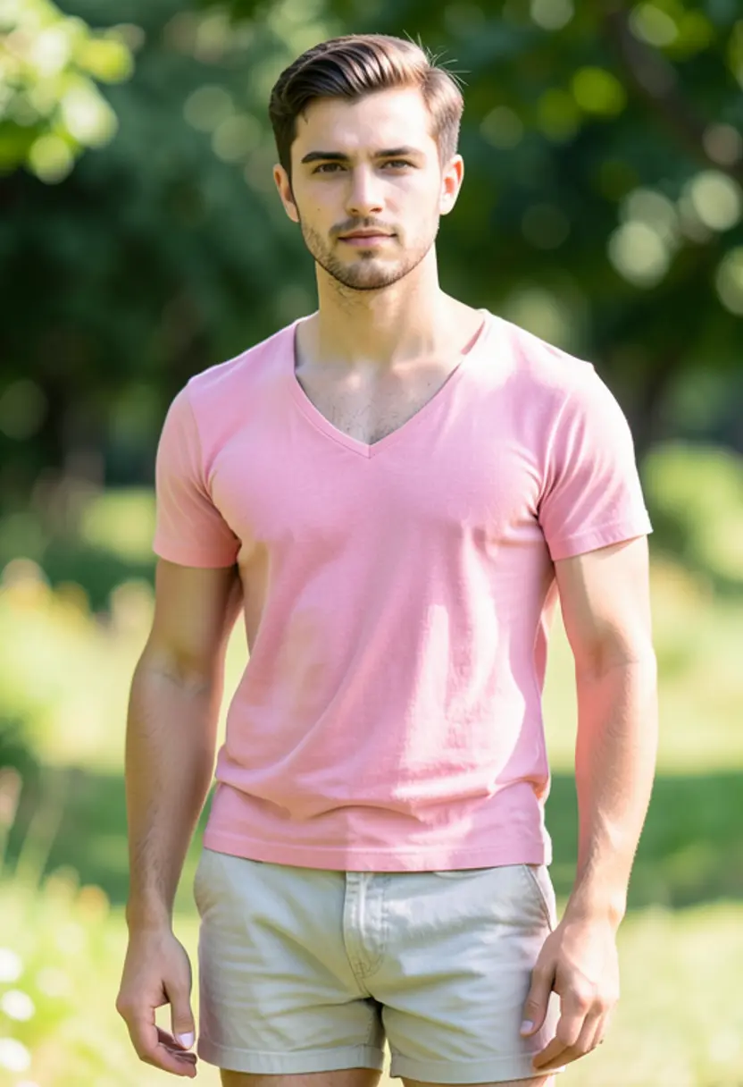 crossdressing boy pink top shorts summer tones