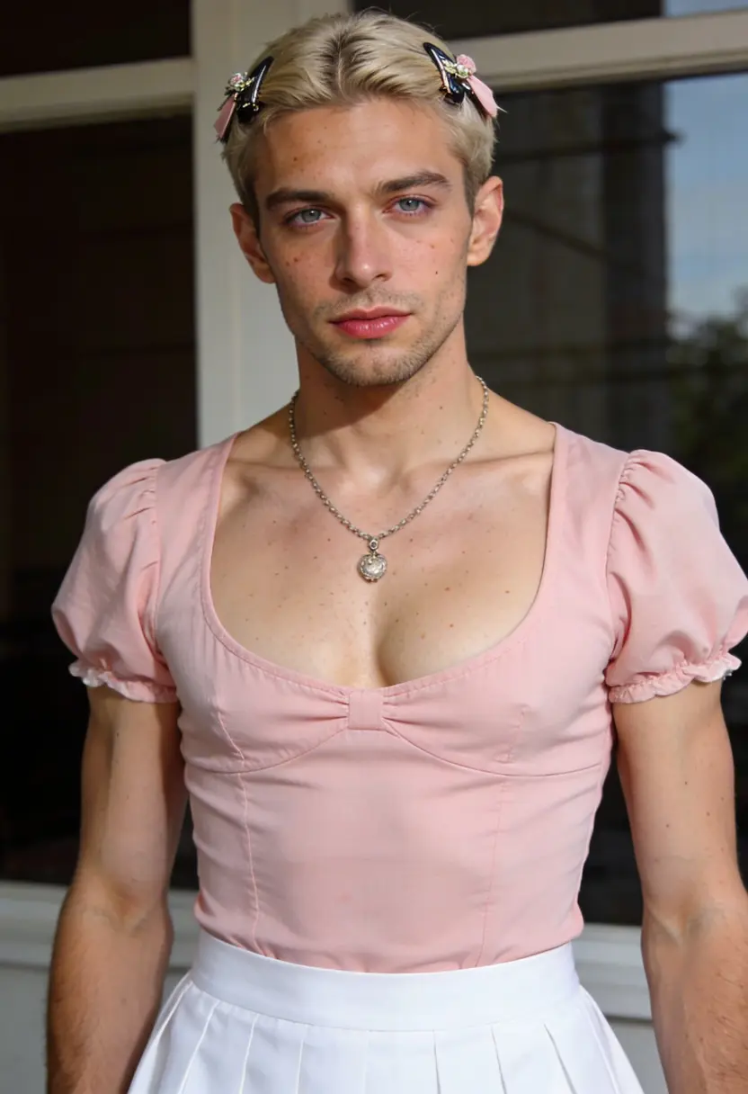 crossdressing boy pink top white skirt necklace