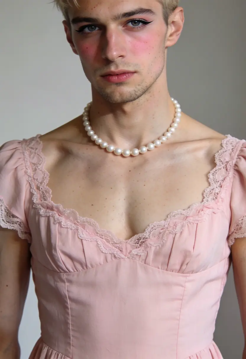 crossdressing boy romantic aesthetic pearl necklace