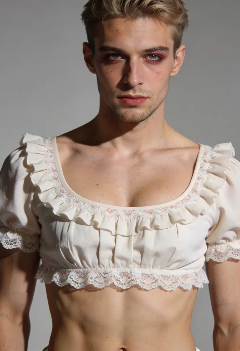 crossdressing boy scoop neck top ruffles lace trim