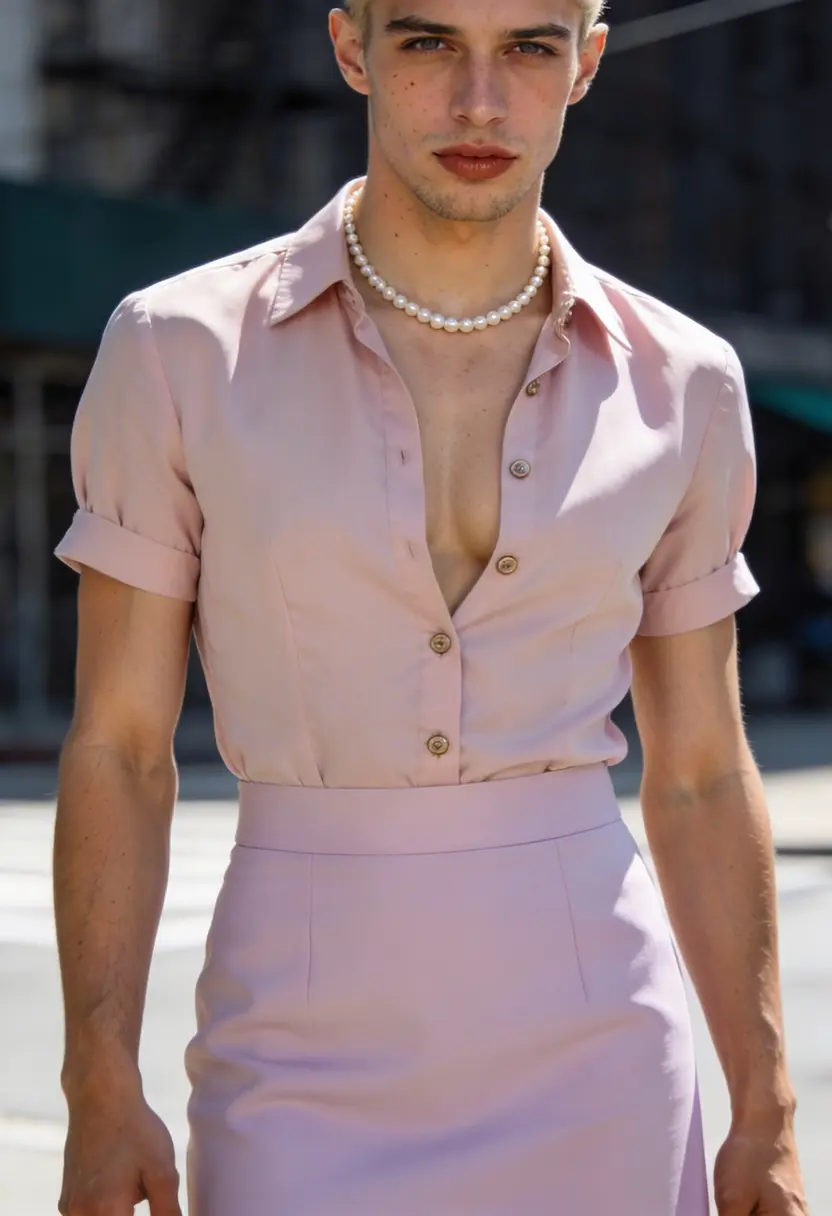 crossdressing boy skirt and top pearl necklace light colors