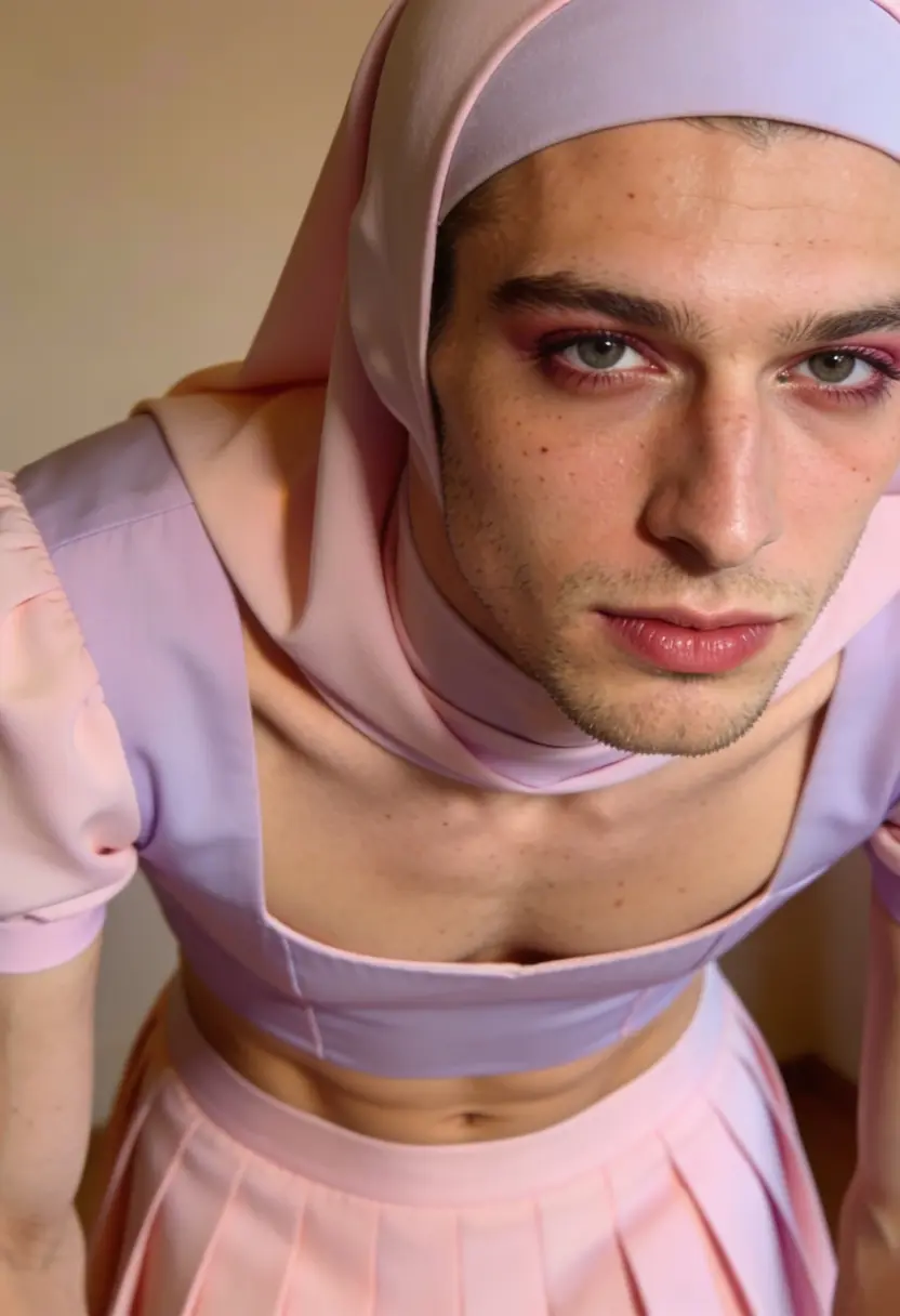 crossdressing boy soft warm pastel colors