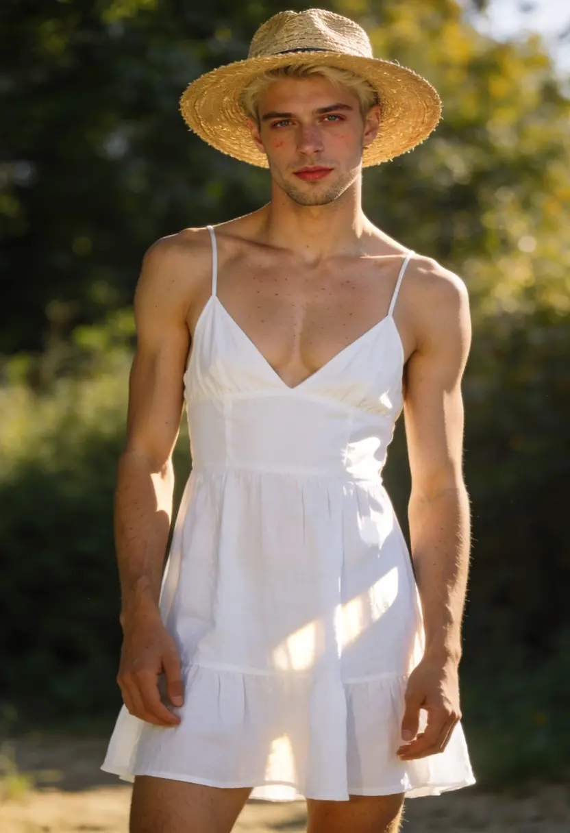 crossdressing boy straw hat casual outdoor setting