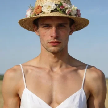 crossdressing-boy-straw-hat-flowers-field