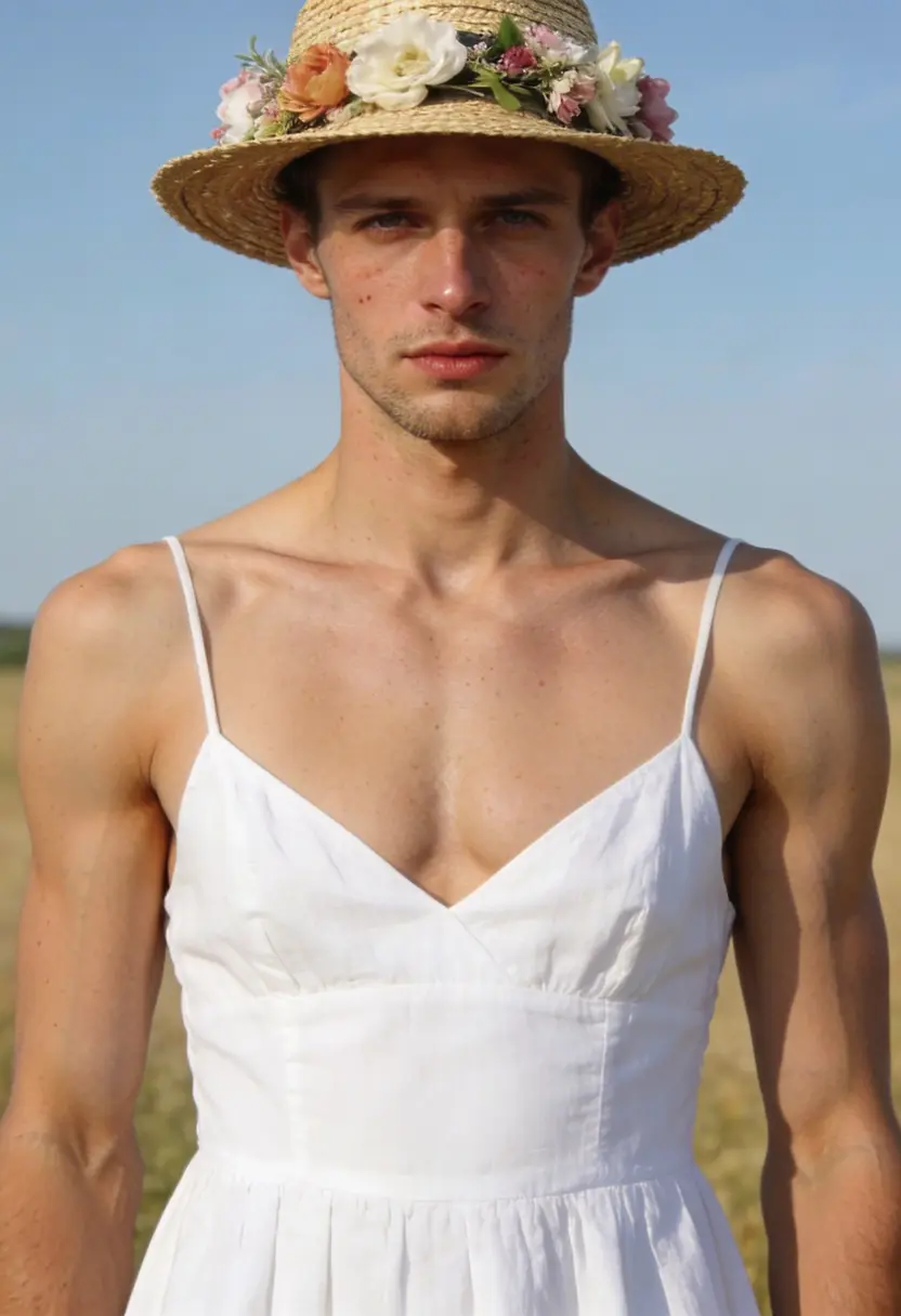 crossdressing boy straw hat flowers field