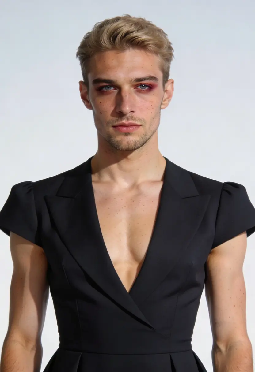 crossdressing boy structured outfit clean lines bold direction