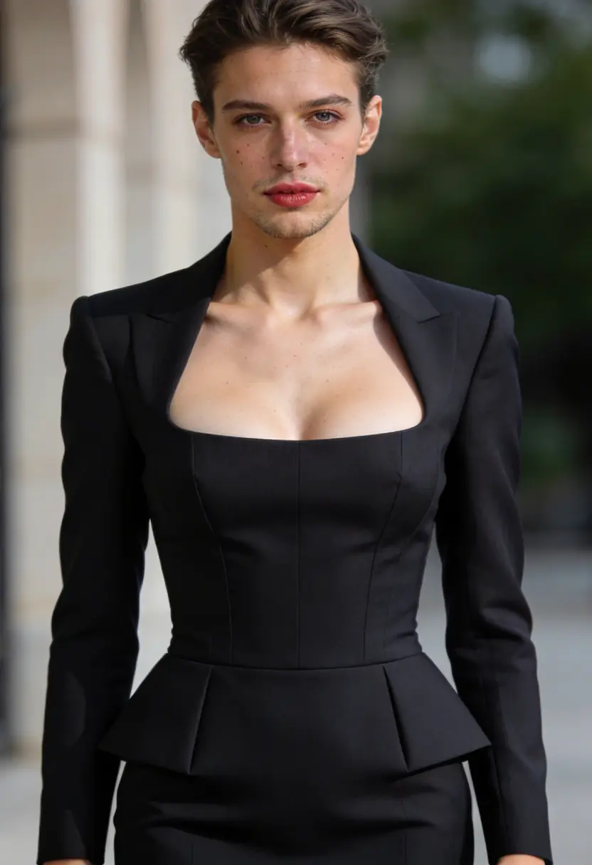 crossdressing boy structured silhouette fitted bodice defined skirt