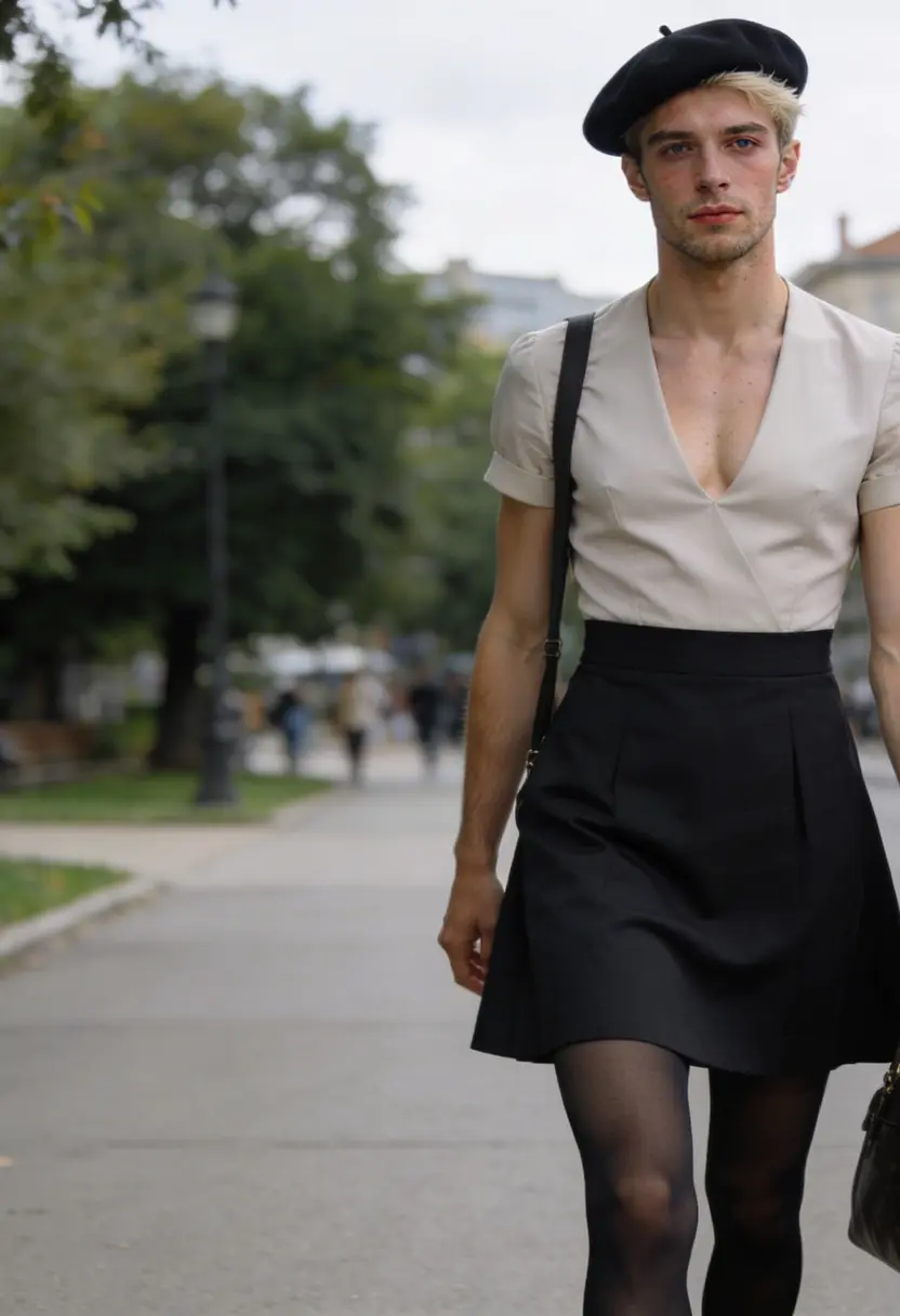crossdressing boy tights beret handbag