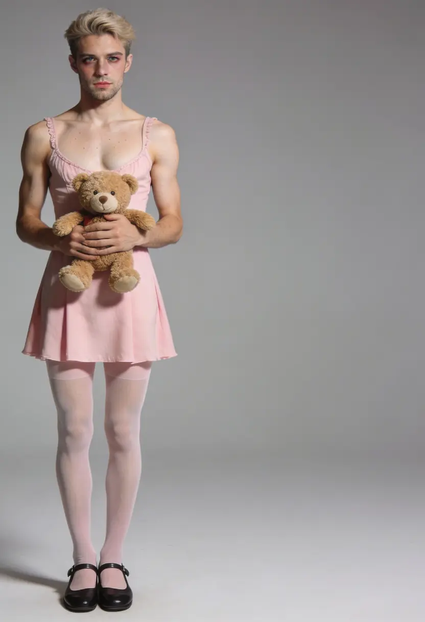 crossdressing boy tights mary janes teddy bear