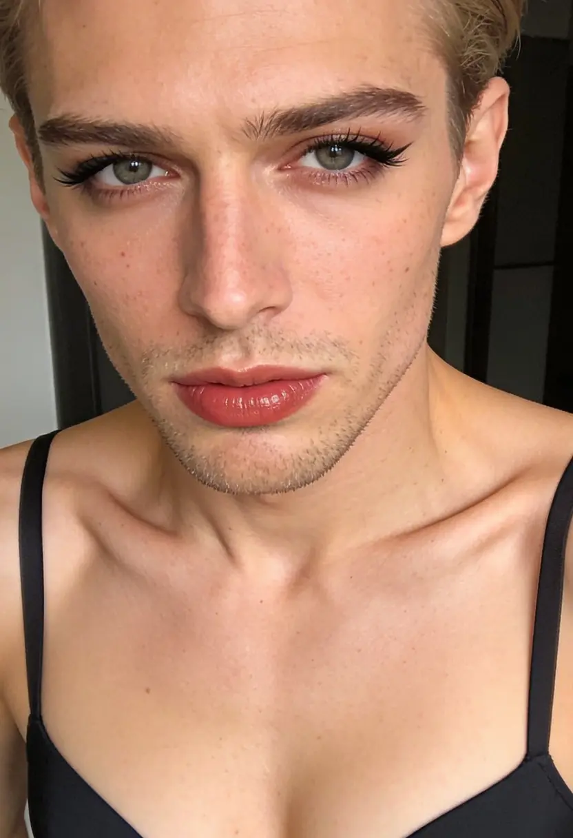 crossdressing boy tinted lip mascara shaped brows