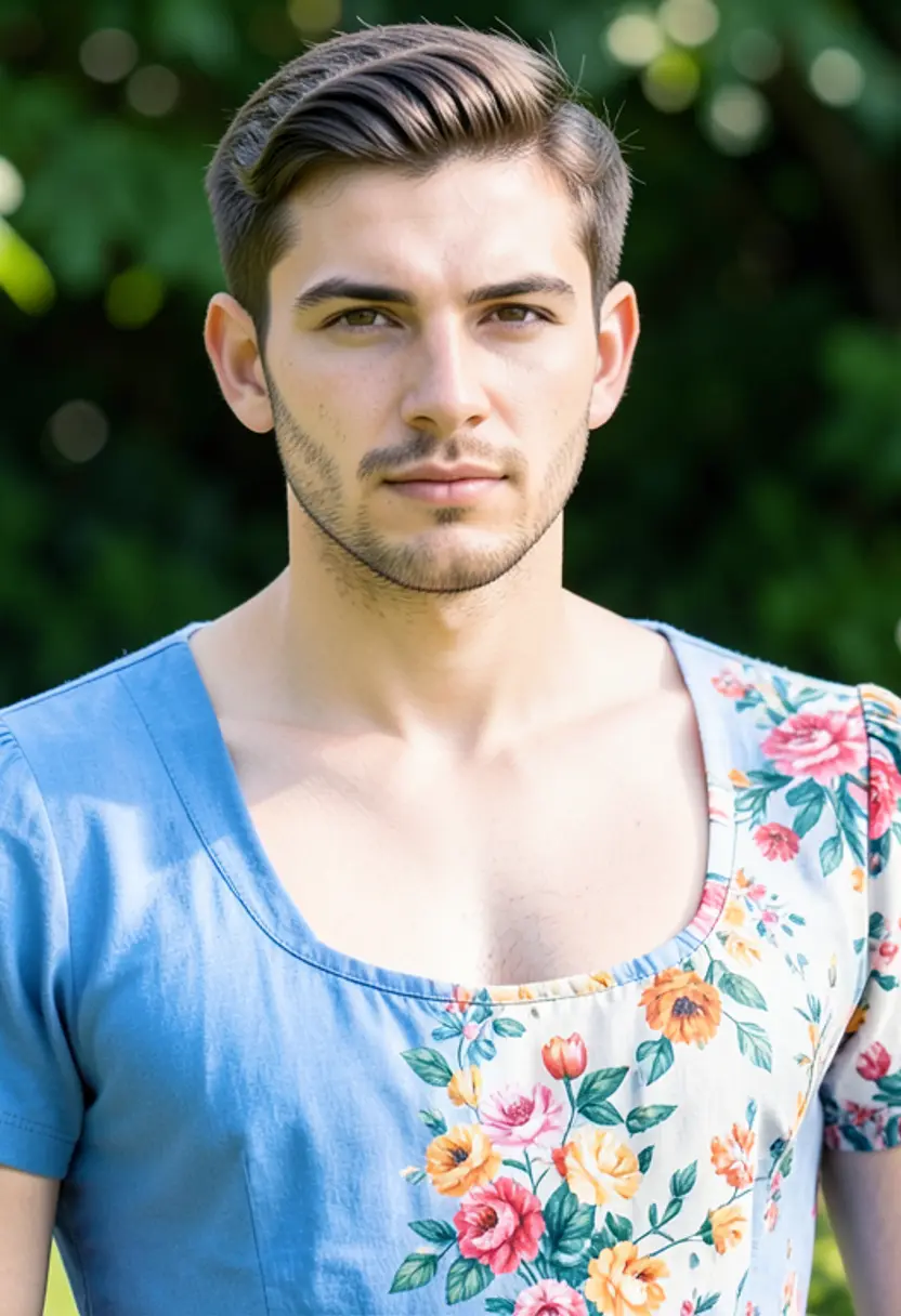 crossdressing boy two outfits bright colors