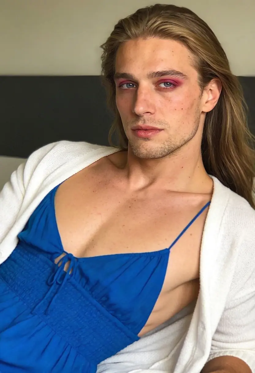 crossdressing boy white cardigan relaxed pose