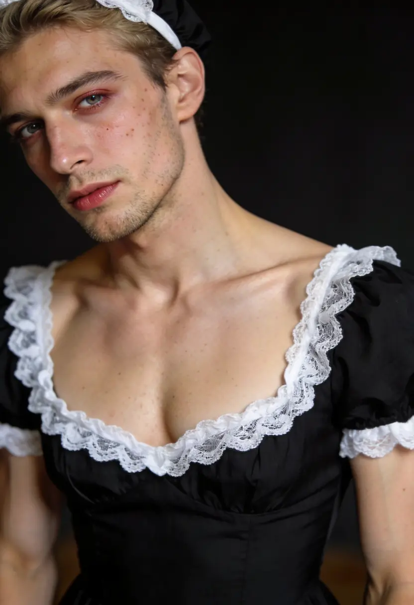 crossdressing boy white lace trim dark background