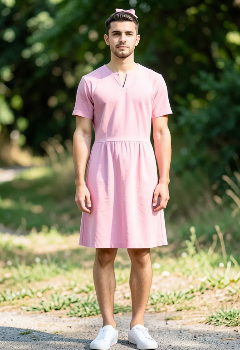 crossdressing boy white shoes outdoor setting