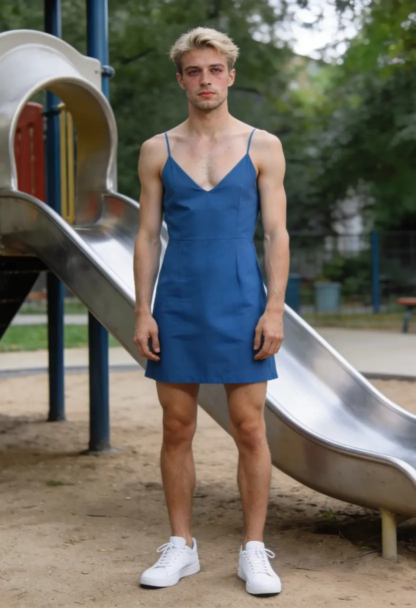 crossdressing boy white sneakers playground slide in the background