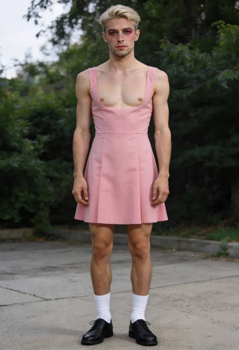 crossdressing boy white socks black shoes outdoor