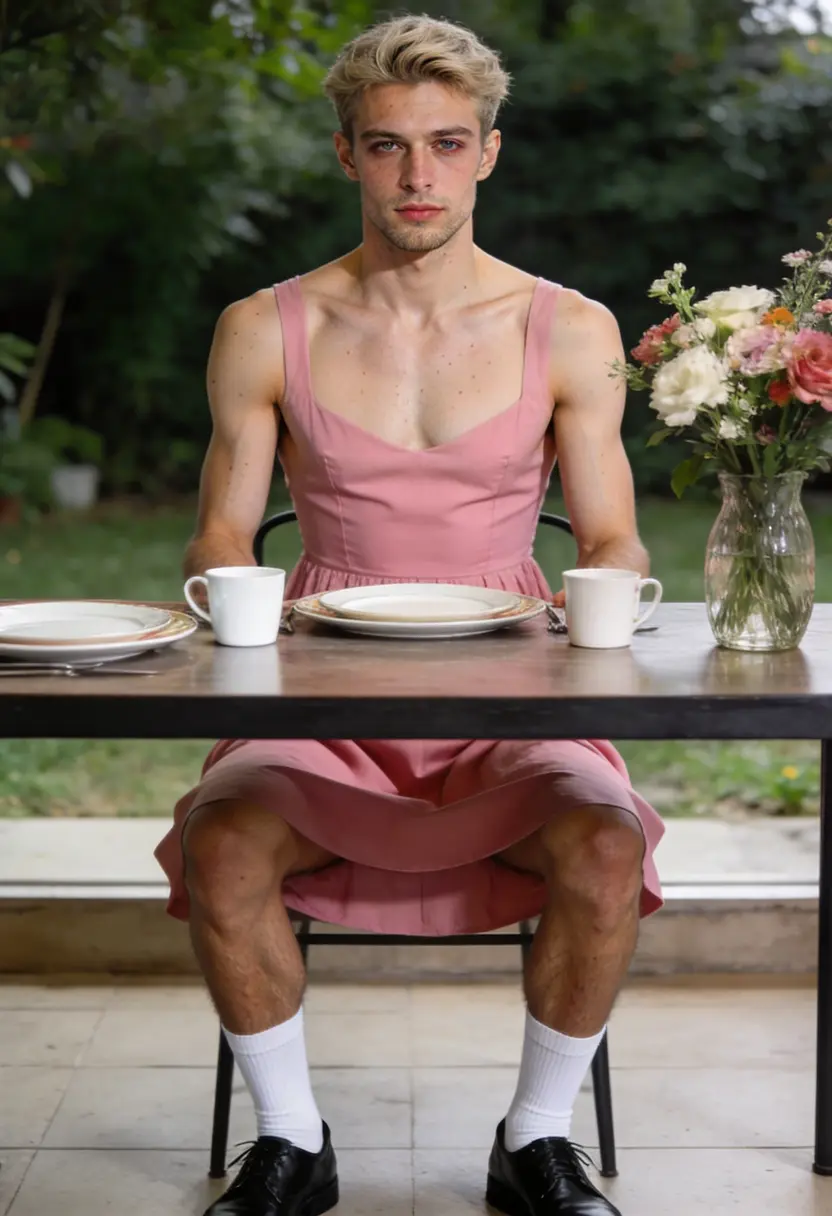 crossdressing boy white socks black shoes table setting