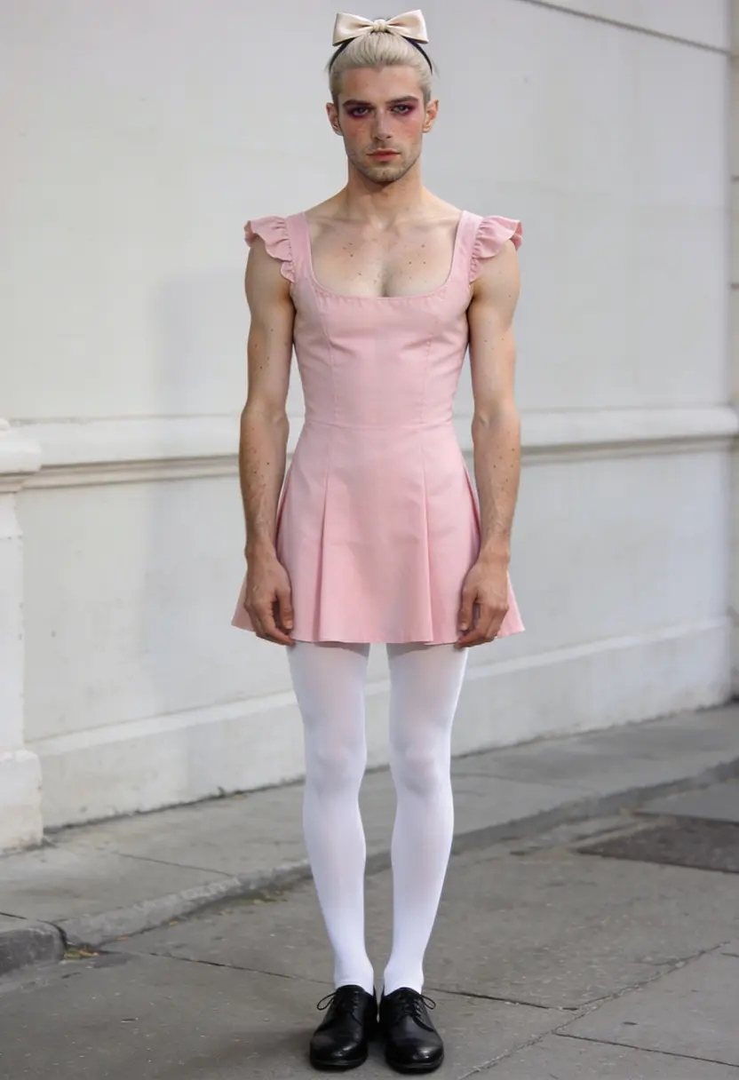 crossdressing boy white tights black shoes
