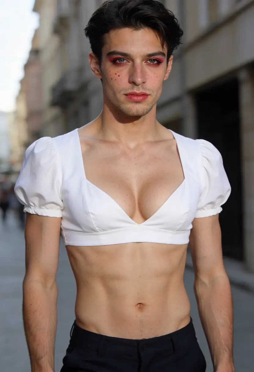 crossdressing boy white top dark pants bright makeup