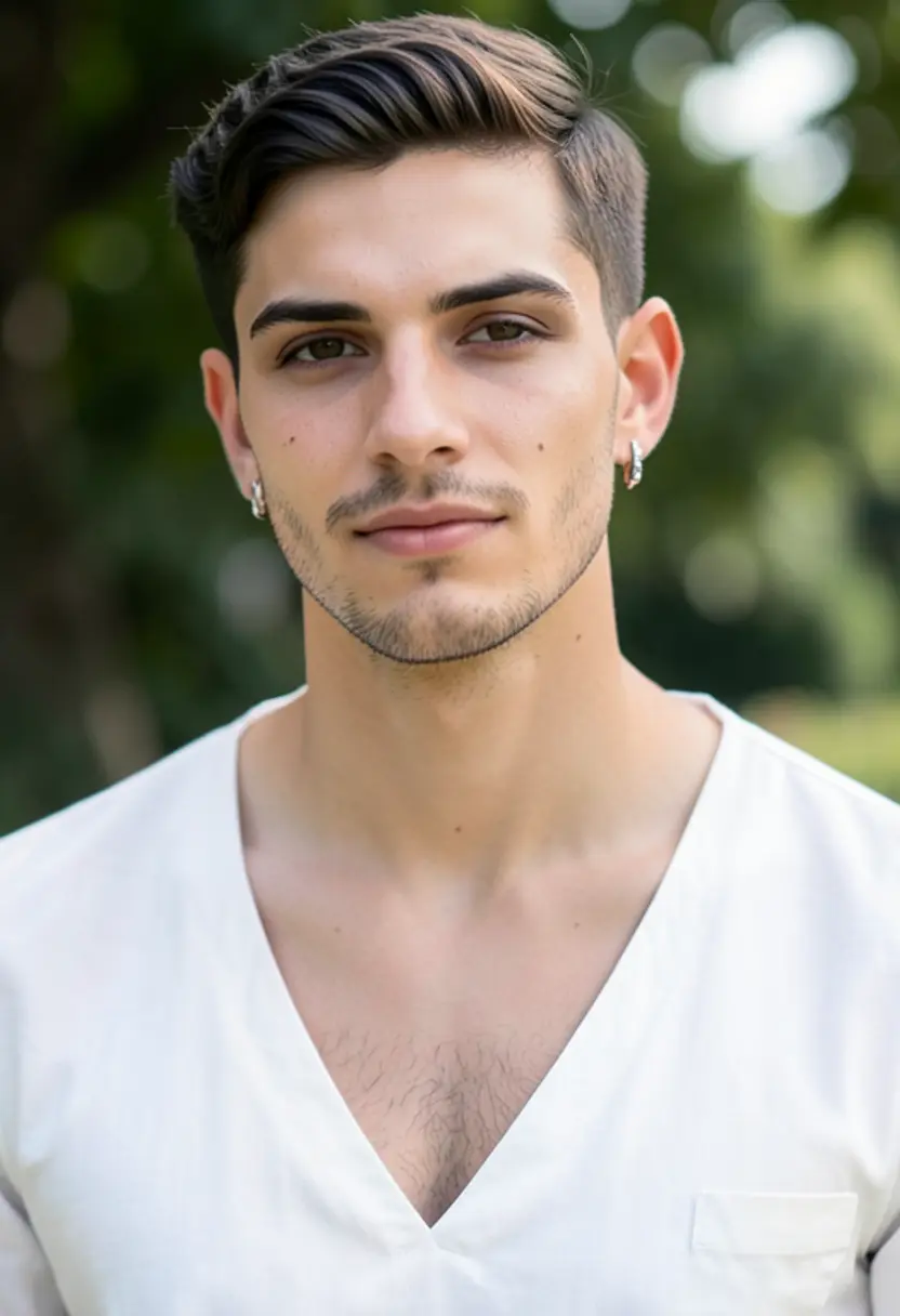 crossdressing boy white top elegant neckline subtle makeup